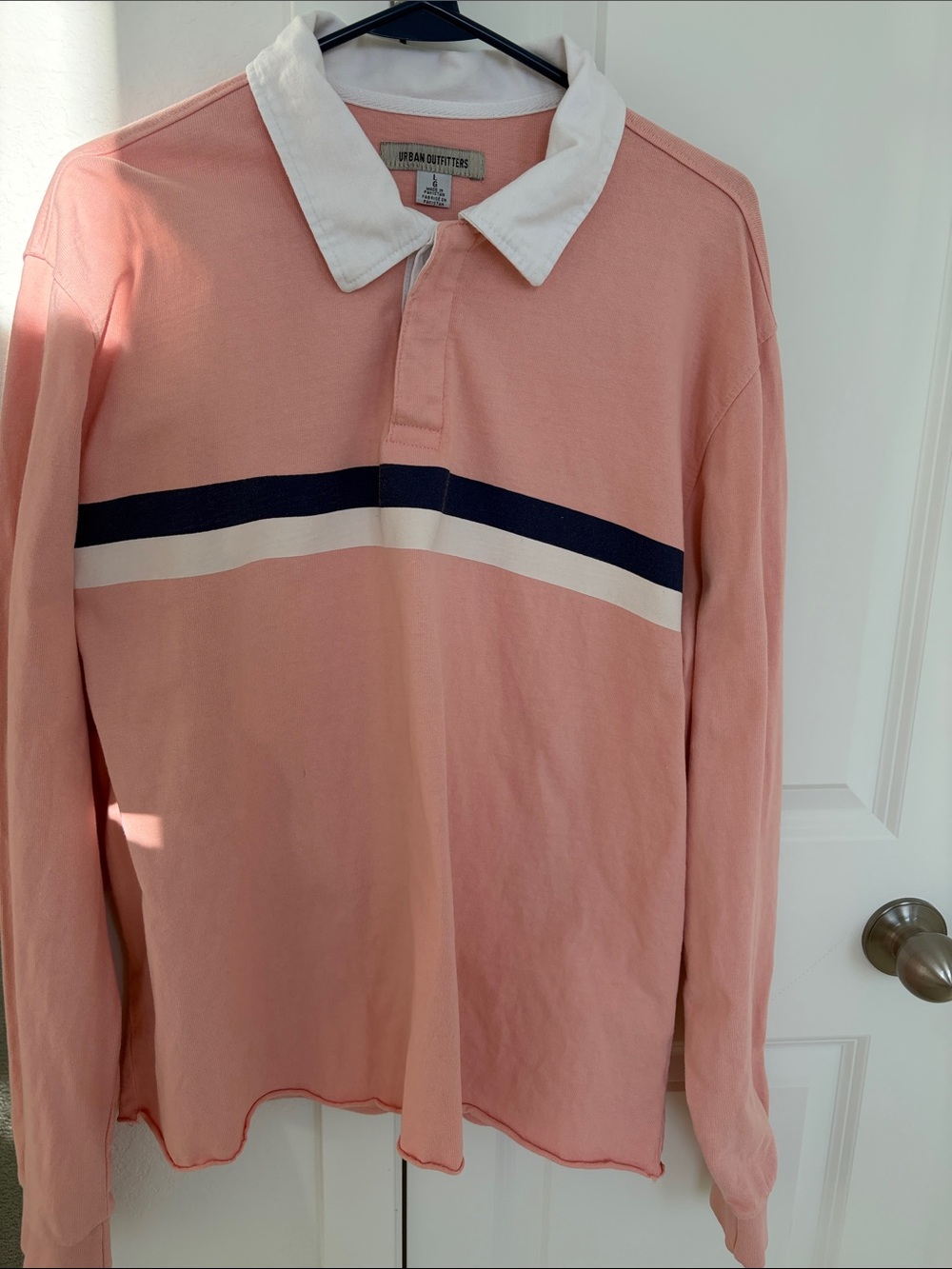 Urban Outfitters Pink Rugby Polo with White Collar and Navy Stripe